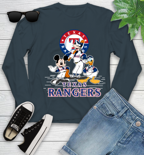 MLB Texas Rangers Mickey Mouse Donald Duck Goofy Baseball T Shirt Youth Long Sleeve 9