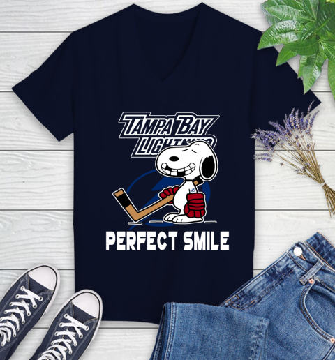 NHL Tampa Bay Lightning Snoopy Perfect Smile The Peanuts Movie Hockey T Shirt Women's V-Neck T-Shirt 2