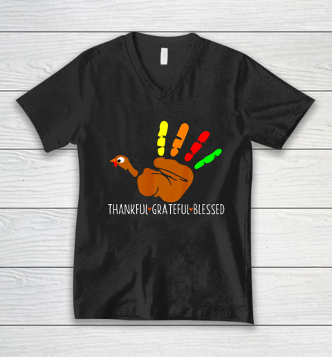 Thanksgiving Shirt Turkey Hand Print Funny Thanksgiving Day V-Neck T-Shirt