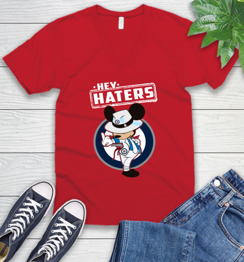 NHL Hey Haters Mickey Hockey Sports Winnipeg Jets V-Neck T-Shirt 6