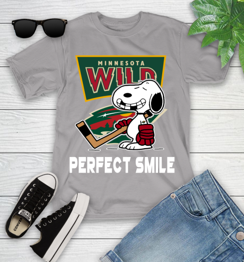 NHL Minnesota Wild Snoopy Perfect Smile The Peanuts Movie Hockey T Shirt Youth T-Shirt 4