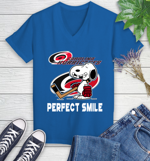 NHL Carolina Hurricanes Snoopy Perfect Smile The Peanuts Movie Hockey T Shirt Women's V-Neck T-Shirt 10