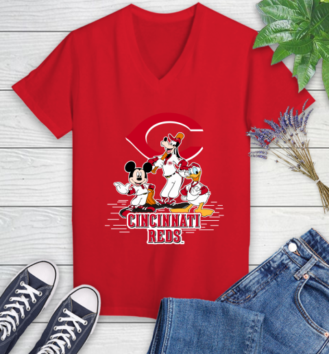 MLB Cincinnati Reds Mickey Mouse Donald Duck Goofy Baseball T Shirt Women's V-Neck T-Shirt 11