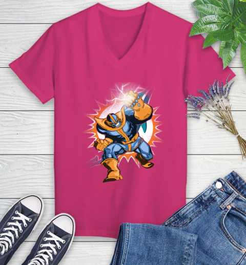 Miami Dolphins NFL Football Thanos Avengers Infinity War Marvel Women's V-Neck T-Shirt 9