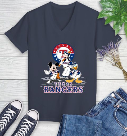 MLB Texas Rangers Mickey Mouse Donald Duck Goofy Baseball T Shirt Women's V-Neck T-Shirt 12