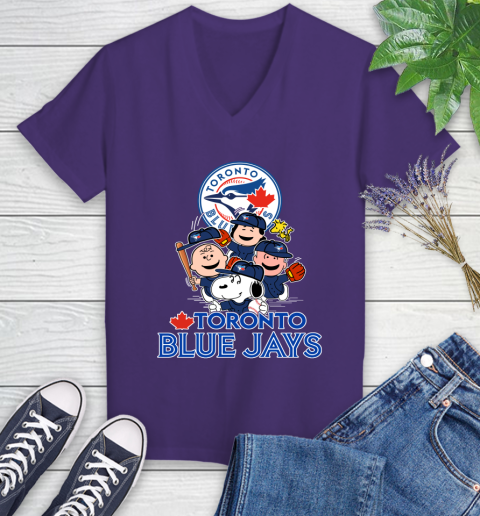 MLB Toronto Blue Jays Snoopy Charlie Brown Woodstock The Peanuts Movie Baseball T Shirt_000 Women's V-Neck T-Shirt 4 MLB Toronto Blue Jays Snoopy Charlie Brown Woodstock The Peanuts Movie Baseball T Shirt_000 Women's V-Neck T-Shirt - Image 4
