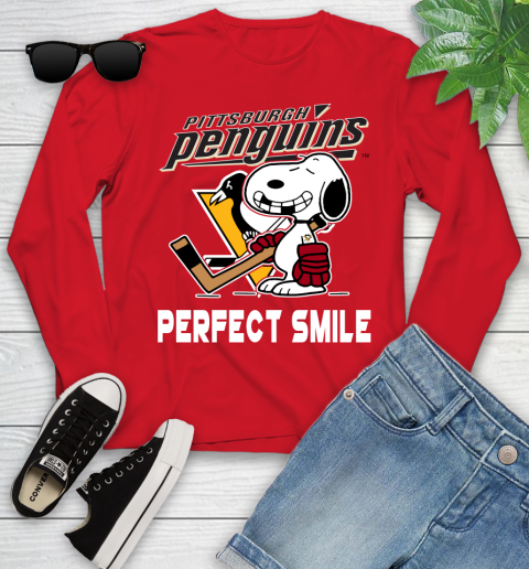 NHL Pittsburgh Penguins Snoopy Perfect Smile The Peanuts Movie Hockey T Shirt Youth Long Sleeve 11
