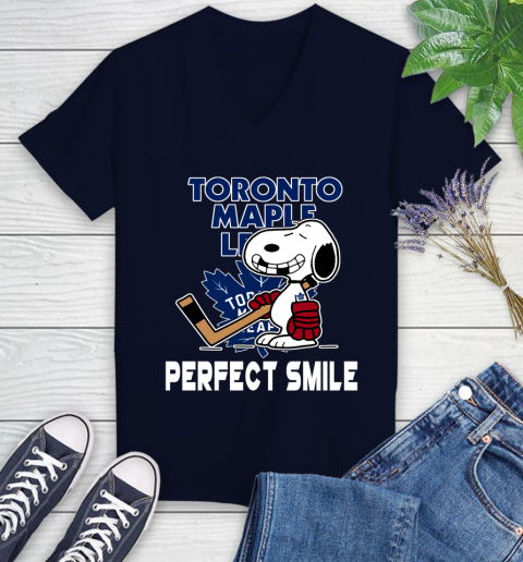NHL Toronto Maple Leafs Snoopy Perfect Smile The Peanuts Movie Hockey T Shirt Women's V-Neck T-Shirt 2