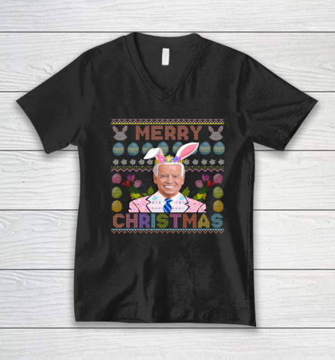 Funny Anti Joe Biden Merry Christmas Ugly Sweater Confused Easter V-Neck T-Shirt