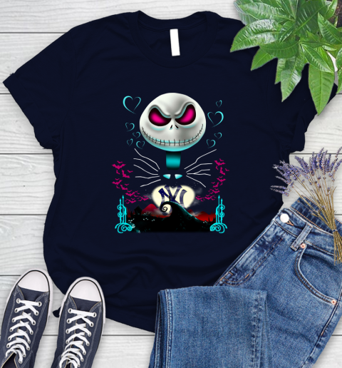 MLB New York Yankees Jack Skellington Sally The Nightmare Before Christmas Baseball Women's T-Shirt 2