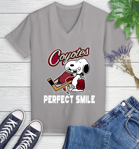 NHL Arizona Coyotes Snoopy Perfect Smile The Peanuts Movie Hockey T Shirt Women's V-Neck T-Shirt 4