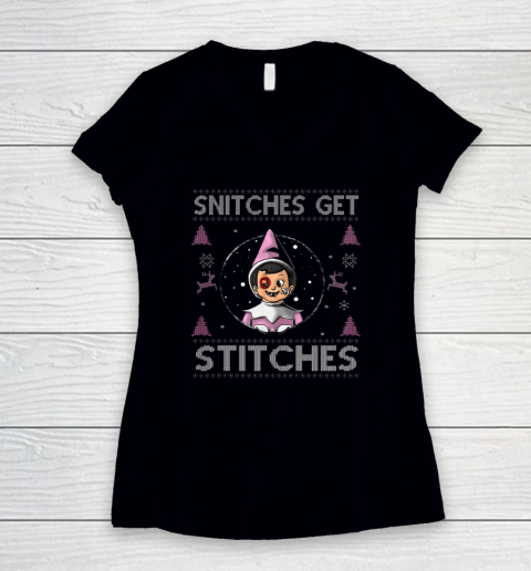 Snitches Get Stitches Shirt Funny Christmas Xmas Pajamas Ugly Women's V-Neck T-Shirt