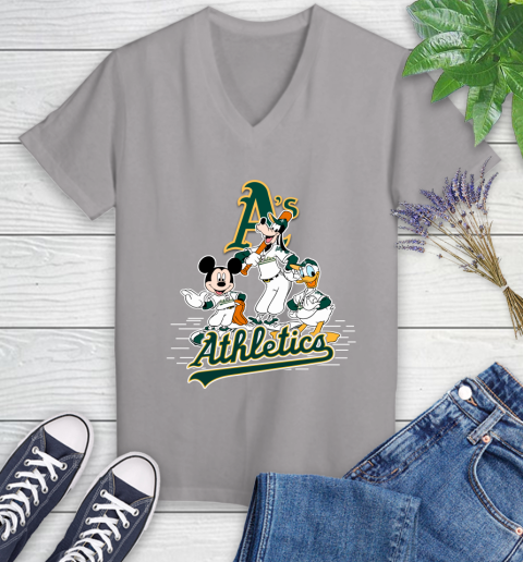 MLB Oakland Athletics Mickey Mouse Donald Duck Goofy Baseball T Shirt Women's V-Neck T-Shirt 4