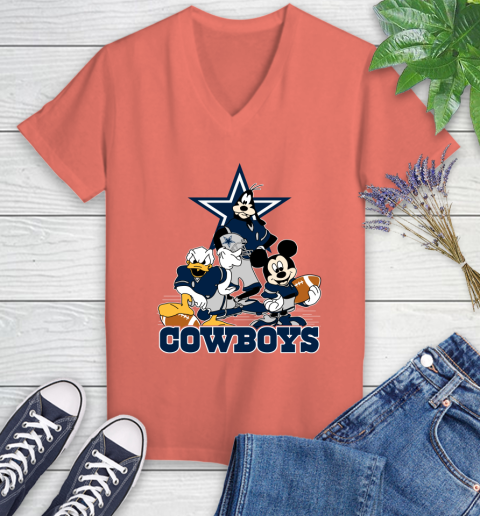NFL Dallas Cowboys Mickey Mouse Donald Duck Goofy Football Shirt Women's V-Neck T-Shirt 6