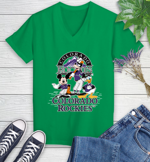 MLB Colorado Rockies Mickey Mouse Donald Duck Goofy Baseball T Shirt Women's V-Neck T-Shirt 5