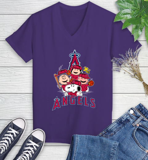 MLB Los Angeles Angels Snoopy Charlie Brown Woodstock The Peanuts Movie Baseball T Shirt_000 Women's V-Neck T-Shirt 3