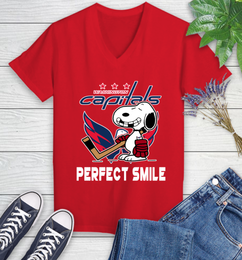 NHL Washington Capitals Snoopy Perfect Smile The Peanuts Movie Hockey T Shirt Women's V-Neck T-Shirt 11