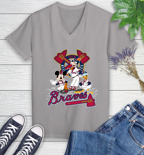 MLB Atlanta Braves Mickey Mouse Donald Duck Goofy Baseball T Shirt Women's V-Neck T-Shirt 4