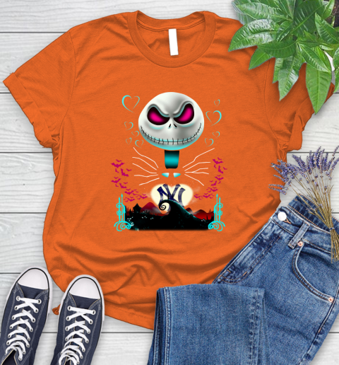 MLB New York Yankees Jack Skellington Sally The Nightmare Before Christmas Baseball Women's T-Shirt 3