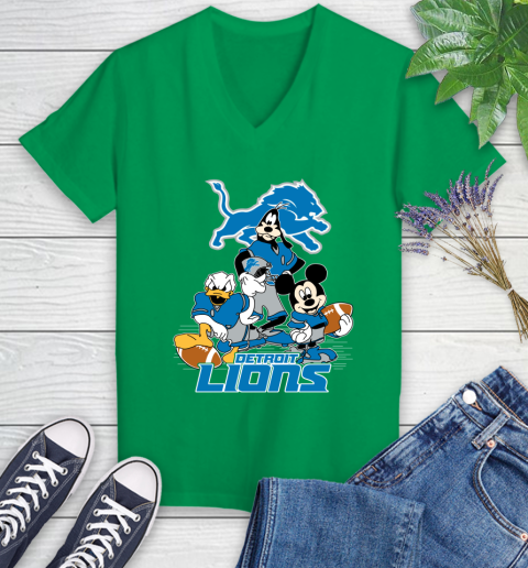 NFL Detroit Lions Mickey Mouse Donald Duck Goofy Football Shirt Women's V-Neck T-Shirt 5