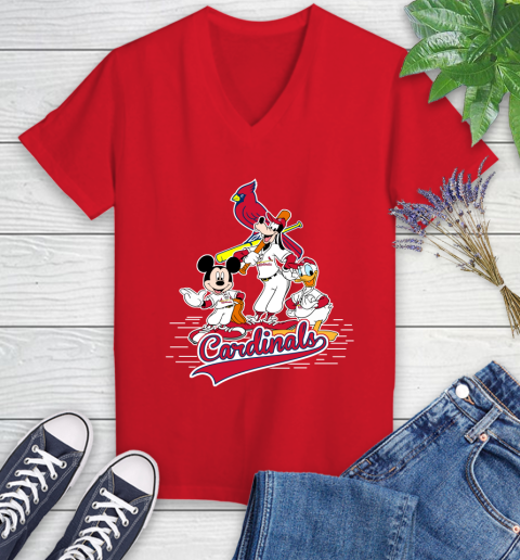 MLB St.Louis Cardinals Mickey Mouse Donald Duck Goofy Baseball T Shirt Women's V-Neck T-Shirt 11