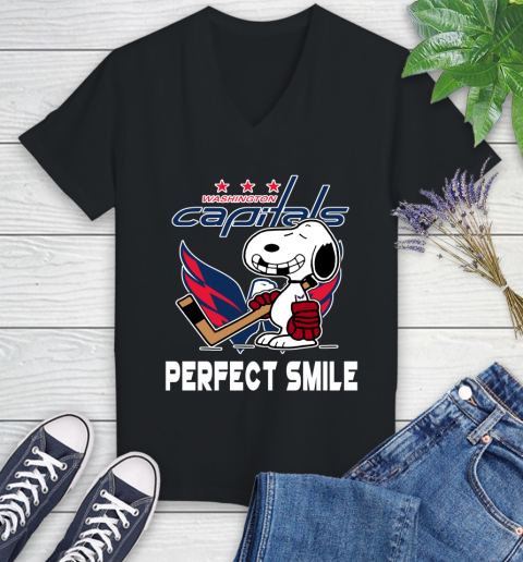 NHL Washington Capitals Snoopy Perfect Smile The Peanuts Movie Hockey T Shirt Women's V-Neck T-Shirt