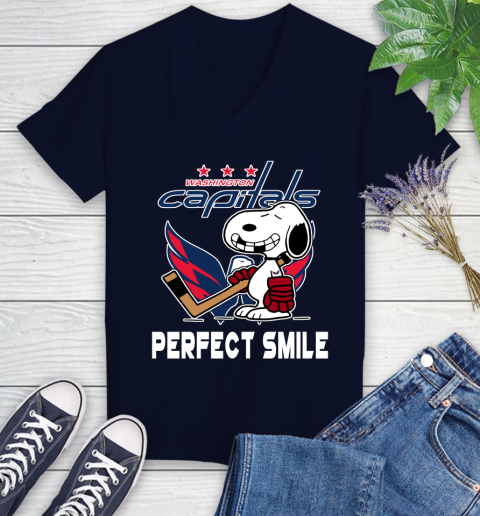 NHL Washington Capitals Snoopy Perfect Smile The Peanuts Movie Hockey T Shirt Women's V-Neck T-Shirt 2