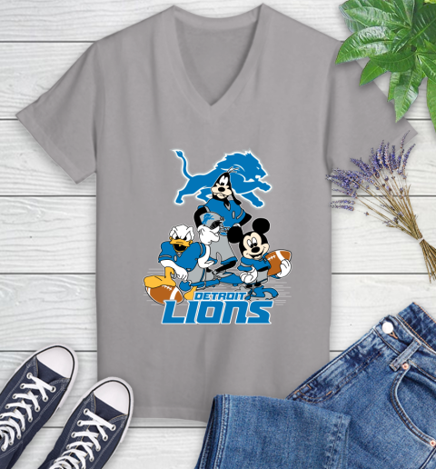 NFL Detroit Lions Mickey Mouse Donald Duck Goofy Football Shirt Women's V-Neck T-Shirt 4
