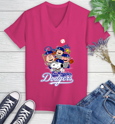 MLB Los Angeles Dodgers Snoopy Charlie Brown Woodstock The Peanuts Movie Baseball T Shirt_000 Women's V-Neck T-Shirt 9