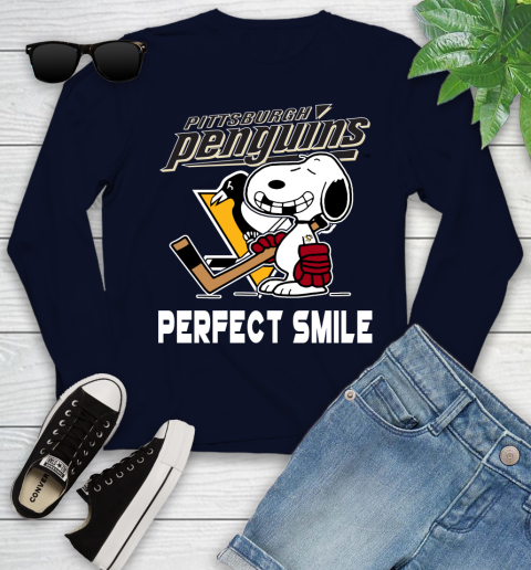 NHL Pittsburgh Penguins Snoopy Perfect Smile The Peanuts Movie Hockey T Shirt Youth Long Sleeve 2