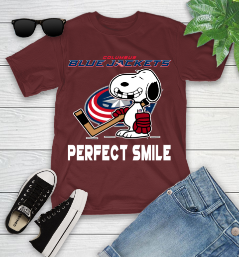 NHL Columbus Blue Jackets Snoopy Perfect Smile The Peanuts Movie Hockey T Shirt Youth T-Shirt 14