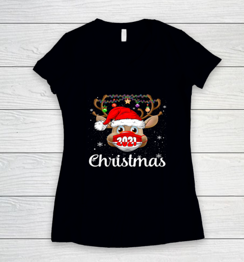 Christmas 2021 Mask Rudolph Reindeer Matching Family Women's V-Neck T-Shirt