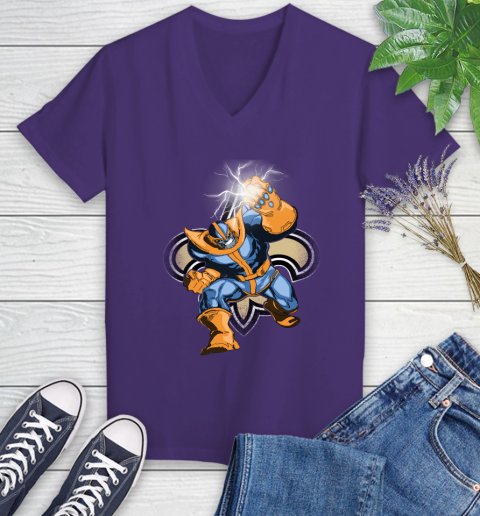 New Orleans Saints NFL Football Thanos Avengers Infinity War Marvel Women's V-Neck T-Shirt 3
