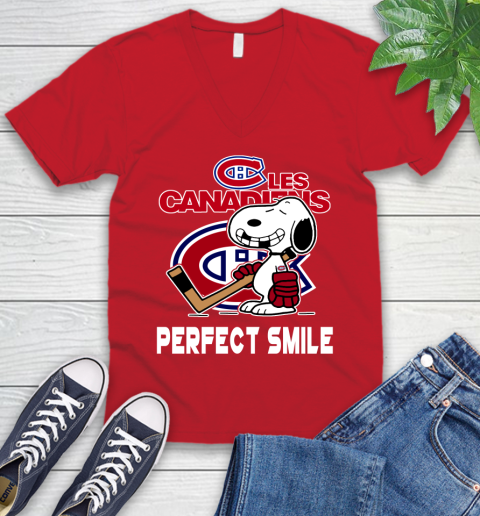 NHL Montreal Canadiens Snoopy Perfect Smile The Peanuts Movie Hockey T Shirt V-Neck T-Shirt 6