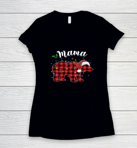 Mama Bear Buffalo Red Plaid Matching Family Christmas Pajama Women's V-Neck T-Shirt