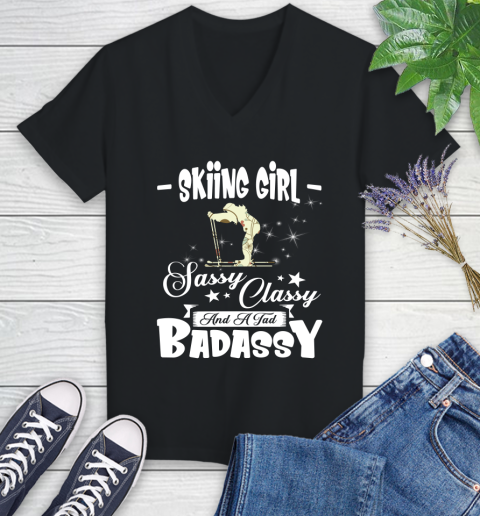 Skiing Girl Sassy Classy And A Tad Badassy Women's V-Neck T-Shirt