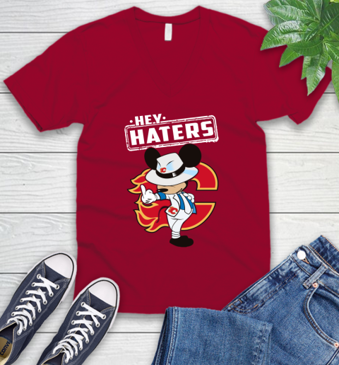 NHL Hey Haters Mickey Hockey Sports Calgary Flames V-Neck T-Shirt 7