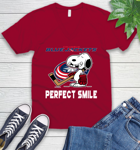 NHL Columbus Blue Jackets Snoopy Perfect Smile The Peanuts Movie Hockey T Shirt V-Neck T-Shirt 7