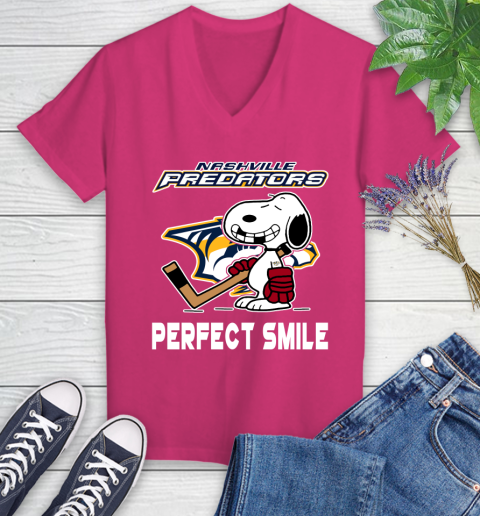 NHL Nashville Predators Snoopy Perfect Smile The Peanuts Movie Hockey T Shirt Women's V-Neck T-Shirt 9