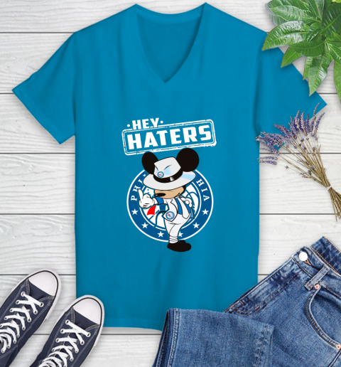 NBA Hey Haters Mickey Basketball Sports Philadelphia 76ers Women's V-Neck T-Shirt 7