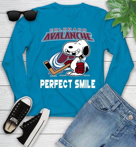 NHL Colorado Avalanche Snoopy Perfect Smile The Peanuts Movie Hockey T Shirt Youth Long Sleeve 8