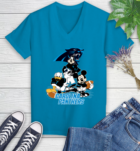 NFL Carolina Panthers Mickey Mouse Donald Duck Goofy Football Shirt Women's V-Neck T-Shirt 7