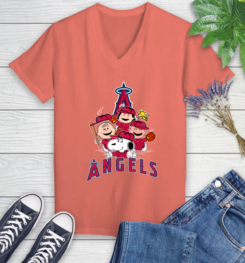 MLB Los Angeles Angels Snoopy Charlie Brown Woodstock The Peanuts Movie Baseball T Shirt_000 Women's V-Neck T-Shirt 6