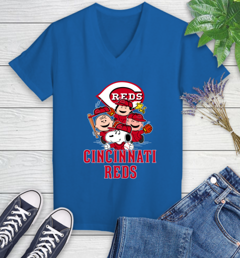 MLB Cincinnati Reds Snoopy Charlie Brown Woodstock The Peanuts Movie Baseball T Shirt_000 Women's V-Neck T-Shirt 10