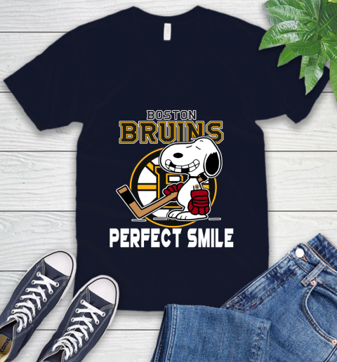 NHL Boston Bruins Snoopy Perfect Smile The Peanuts Movie Hockey T Shirt V-Neck T-Shirt 2