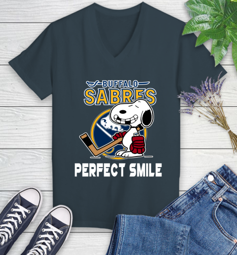 NHL Buffalo Sabres Snoopy Perfect Smile The Peanuts Movie Hockey T Shirt Women's V-Neck T-Shirt 8