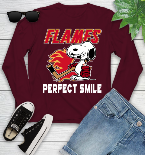 NHL Calgary Flames Snoopy Perfect Smile The Peanuts Movie Hockey T Shirt Youth Long Sleeve 6