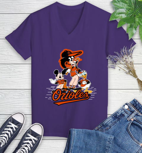 MLB Baltimore Orioles Mickey Mouse Donald Duck Goofy Baseball T Shirt Women's V-Neck T-Shirt 3
