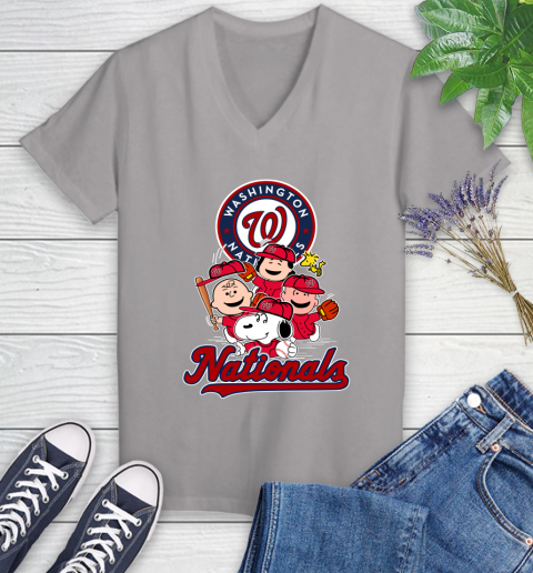 MLB Washington Nationals Snoopy Charlie Brown Woodstock The Peanuts Movie Baseball T Shirt_000 Women's V-Neck T-Shirt 4