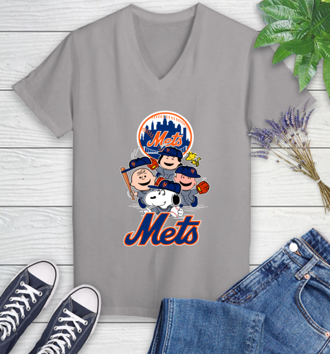 MLB New York Mets Snoopy Charlie Brown Woodstock The Peanuts Movie Baseball T Shirt Women's V-Neck T-Shirt 4